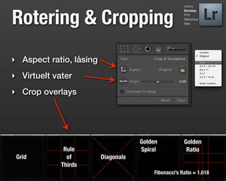 Library




Rotering & Cropping
                                                       Develop
                                                       Print
                                                       Slideshow
                                                       Web




‣ Aspect ratio, låsing
‣ Virtuelt vater
‣ Crop overlays




                                     Golden            Golden
              Rule                   Spiral             Ratio
 Grid          of        Diagonals
             Thirds
                                          Fibonacci’s Ratio = 1.618
 