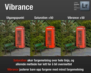 Library




Vibrance
                                                       Develop
                                                       Print
                                                       Slideshow
                                                       Web




Utgangspunkt        Saturation +50            Vibrance +50




    Saturation øker fargemetning over hele linja, og
     allerede mettede har lett for å bli overmettet
Vibrance justerer bare opp fargene med minst fargemetning
 