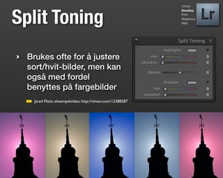 Library




Split Toning
                                                            Develop
                                                            Print
                                                            Slideshow
                                                            Web




‣ Brukes ofte for å justere
  sort/hvit-bilder, men kan
  også med fordel
  benyttes på fargebilder
    Jared Platts eksempelvideo: http://vimeo.com/12388287
 