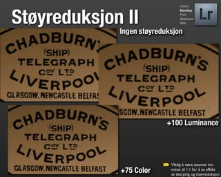 Library




Støyreduksjon II
                                 Develop
                                 Print
                                 Slideshow
                                 Web


             Ingen støyreduksjon




                           +100 Luminance




                            Viktig å være zoomet inn
             +75 Color      minst til 1:1 for å se effekt
                            av skarping og støyreduksjon
 
