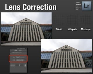 Library




Lens Correction
                             Develop
                             Print
                             Slideshow
                             Web




              Tønne   Nålepute       Mustasje
 