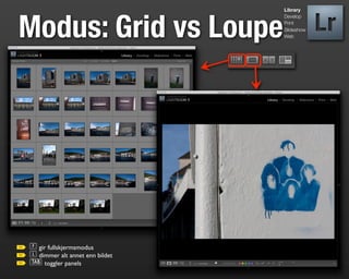 Library




Modus: Grid vs Loupe
                                Develop
                                Print
                                Slideshow
                                Web




F gir fullskjermsmodus
L dimmer alt annet enn bildet
t toggler panels
 