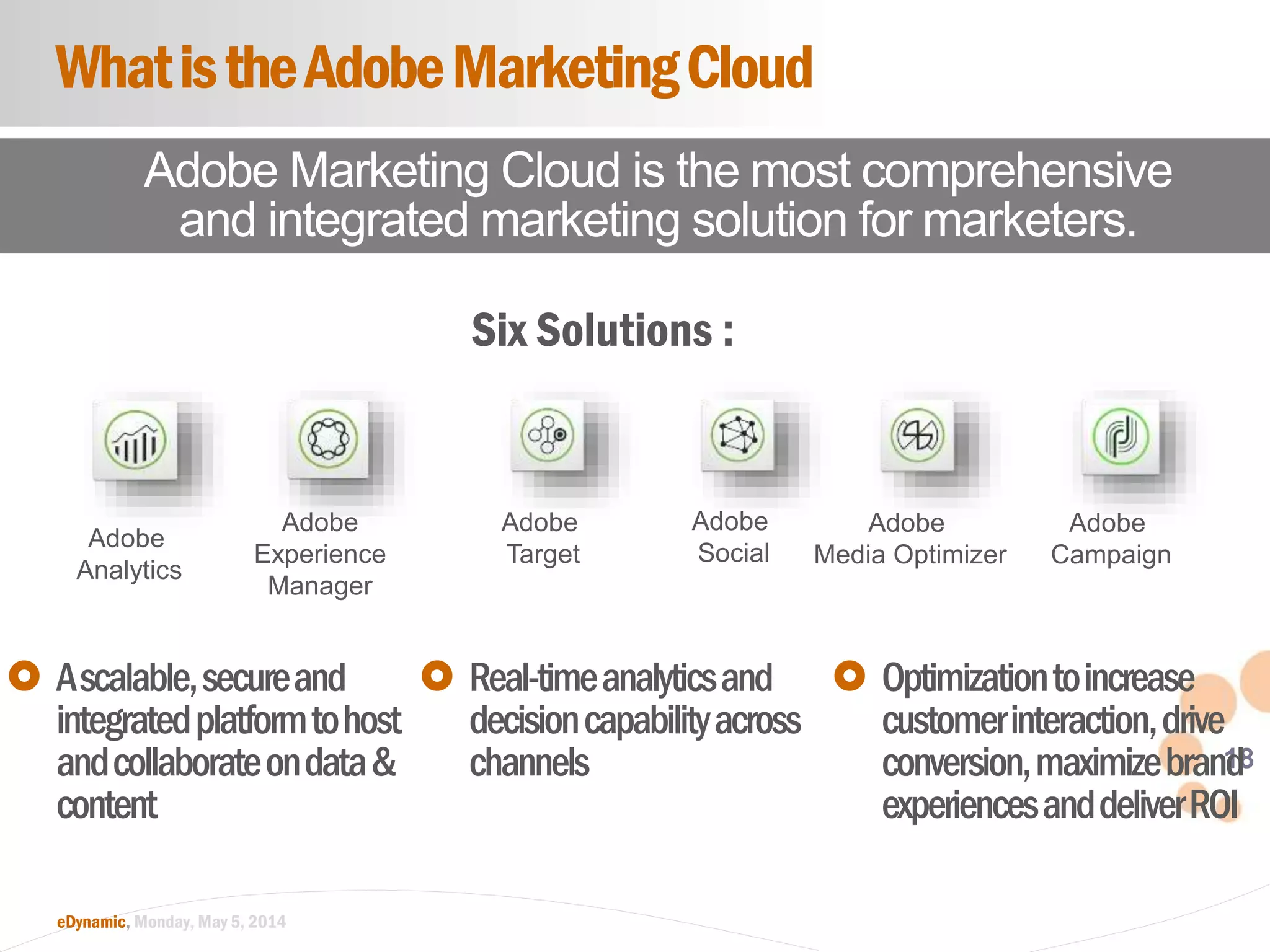 18
eDynamic, Monday, May 5, 2014
WhatistheAdobeMarketingCloud
Adobe Marketing Cloud is the most comprehensive
and integrated marketing solution for marketers.
Adobe
Analytics
Adobe
Target
Adobe
Experience
Manager
Adobe
Social
Adobe
Media Optimizer
Adobe
Campaign
Six Solutions :
 Ascalable,secureand
integratedplatformtohost
andcollaborateondata&
content
 Real-timeanalyticsand
decisioncapabilityacross
channels
 Optimizationtoincrease
customerinteraction,drive
conversion,maximizebrand
experiencesanddeliverROI
 
