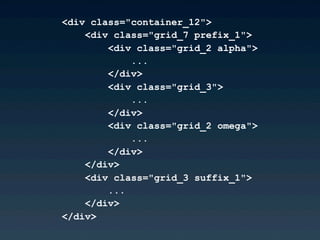 <div class="container_12">
    <div class="grid_7 prefix_1">
        <div class="grid_2 alpha">
            ...
        </div>
        <div class="grid_3">
            ...
        </div>
        <div class="grid_2 omega">
            ...
        </div>
    </div>
    <div class="grid_3 suffix_1">
        ...
    </div>
</div>
 