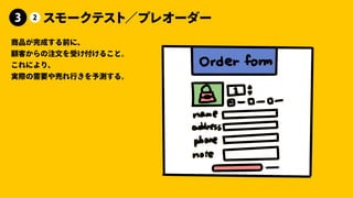 商品が完成する前に、
顧客からの注⽂を受け付けること。
これにより、
実際の需要や売れ⾏きを予測する。
スモークテスト／プレオーダー
3 2
 