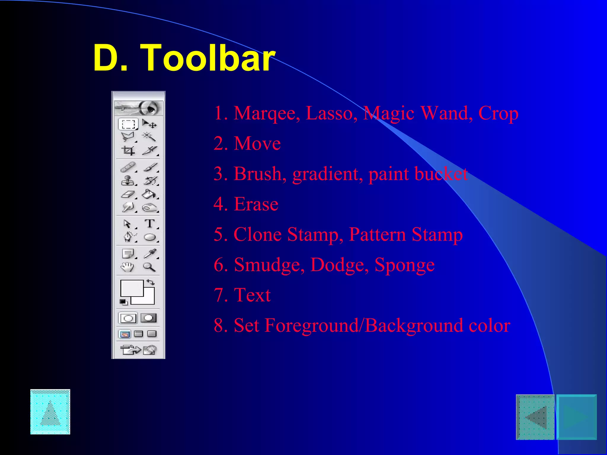 D. Toolbar 1. Marqee, Lasso, Magic Wand, Crop  2. Move 3. Brush, gradient, paint bucket 4. Erase 5. Clone Stamp, Pattern Stamp 6. Smudge, Dodge, Sponge 7. Text 8. Set Foreground/Background color 