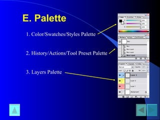 E. Palette
1. Color/Swatches/Styles Palette
2. History/Actions/Tool Preset Palette
3. Layers Palette
 