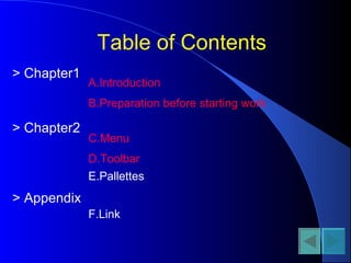 Table of Contents
A.Introduction
B.Preparation before starting work
C.Menu
D.Toolbar
E.Pallettes
> Chapter1
> Chapter2
> Appendix
F.Link
 