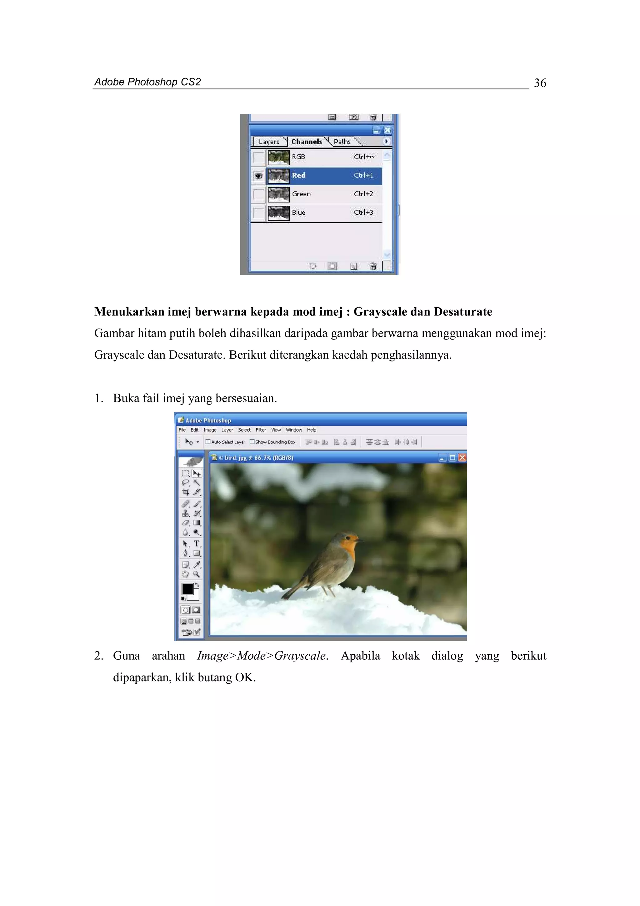 Adobe Photoshop CS2 
36 
Menukarkan imej berwarna kepada mod imej : Grayscale dan Desaturate 
Gambar hitam putih boleh dihasilkan daripada gambar berwarna menggunakan mod imej: 
Grayscale dan Desaturate. Berikut diterangkan kaedah penghasilannya. 
1. Buka fail imej yang bersesuaian. 
2. Guna arahan Image>Mode>Grayscale. Apabila kotak dialog yang berikut 
dipaparkan, klik butang OK. 
 