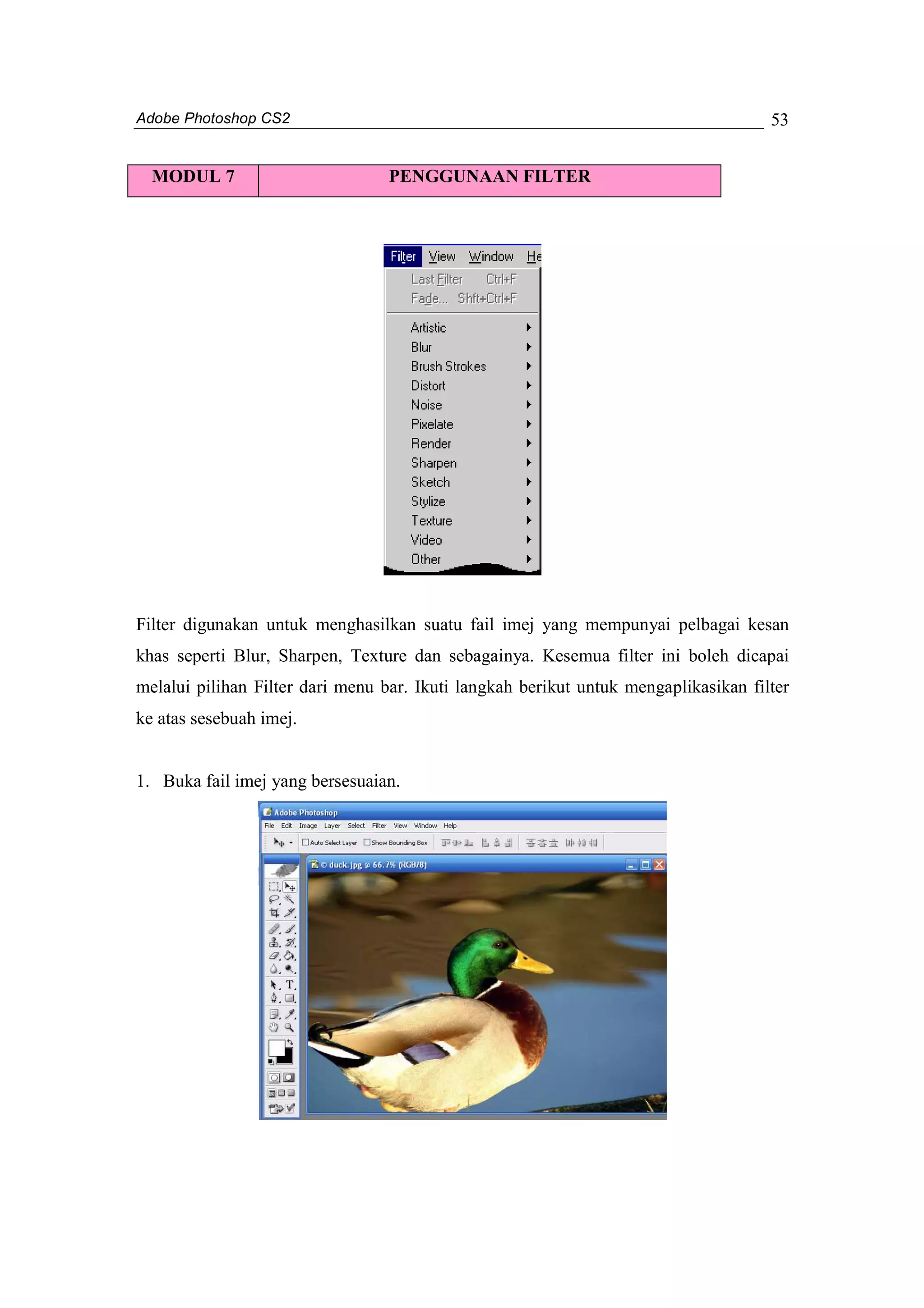 Adobe Photoshop CS2 
53 
MODUL 7 PENGGUNAAN FILTER 
Filter digunakan untuk menghasilkan suatu fail imej yang mempunyai pelbagai kesan 
khas seperti Blur, Sharpen, Texture dan sebagainya. Kesemua filter ini boleh dicapai 
melalui pilihan Filter dari menu bar. Ikuti langkah berikut untuk mengaplikasikan filter 
ke atas sesebuah imej. 
1. Buka fail imej yang bersesuaian. 
 