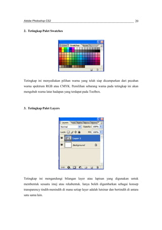 Adobe Photoshop CS2 
20 
2. Tetingkap Palet Swatches 
Tetingkap ini menyediakan pilihan warna yang telah siap dicampurkan dari pecahan 
warna spektrum RGB atau CMYK. Pemilihan sebarang warna pada tetingkap ini akan 
mengubah warna latar hadapan yang terdapat pada Toolbox. 
3. Tetingkap Palet Layers 
Tetingkap ini mengandungi bilangan layer atau lapisan yang digunakan untuk 
membentuk sesuatu imej atau rekabentuk. Ianya boleh digambarkan sebagai konsep 
transparency tindih-menindih di mana setiap layer adalah lutsinar dan bertindih di antara 
satu sama lain. 
 
