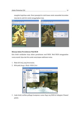 Adobe Photoshop CS2 
35 
mengikut keperluan anda. Heret penunjuk ke arah kanan untuk menambah kecerahan 
imej dan ke arah kiri untuk menggelapkan imej. 
Bekerja dalam Persekitaran Mod RGB 
Kita boleh melakukan kerja dalam persekitaran mod RGB. Mod RGB menggunakan 
warna merah, hijau dan biru untuk menyimpan maklumat warna. 
1. Buka fail imej yang bersesuaian. 
2. Klik pada Image>Mode>RGB Color 
3. Anda boleh melihat pelbagai komponen warna ibagi mej RGB di bahagian Channel 
palette. 
 