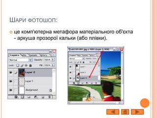 ШАРИ ФОТОШОП:
 це комп'ютерна метафора матеріального об'єкта
- аркуша прозорої кальки (або плівки).
 