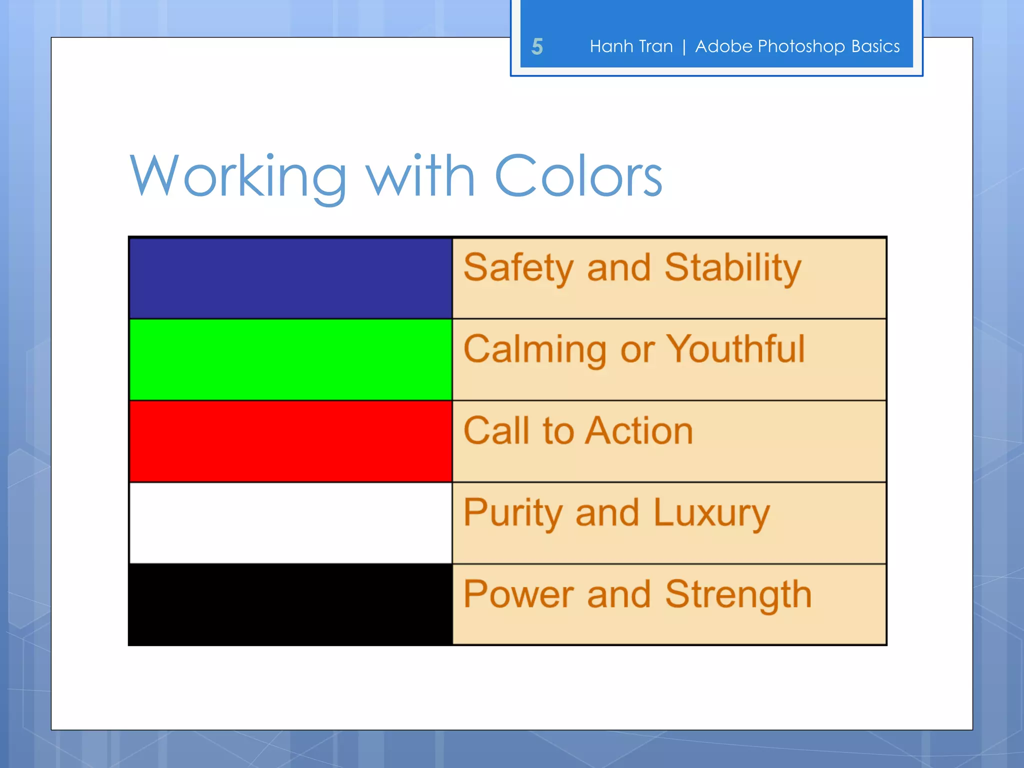 5   Hanh Tran | Adobe Photoshop Basics




Working with Colors
 