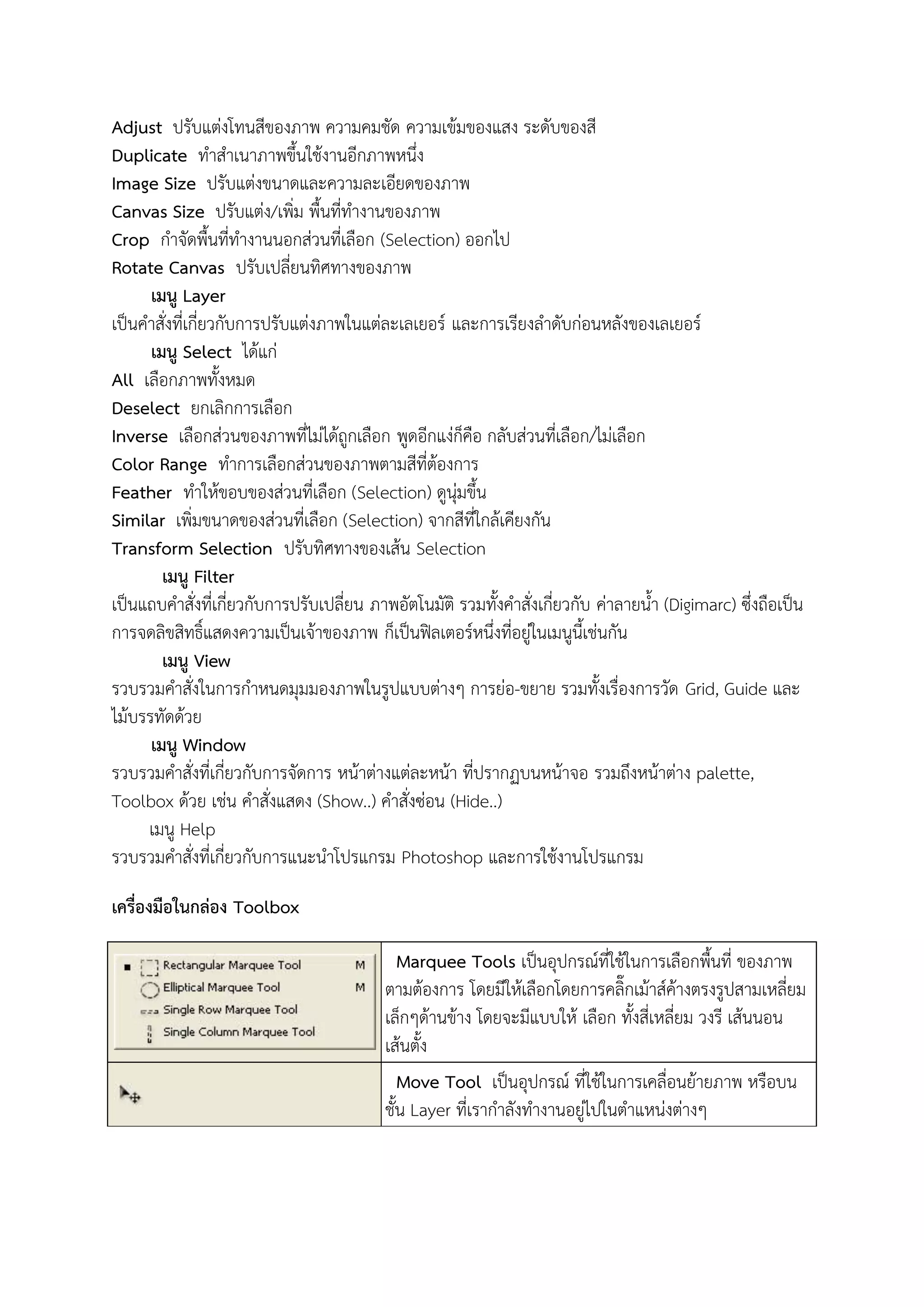 Adjust ปรับแต่งโทนสีของภาพ ความคมชัด ความเข้มของแสง ระดับของสี
Duplicate ทาสาเนาภาพขึ้นใช้งานอีกภาพหนึ่ง
Image Size ปรับแต่งขนาดและความละเอียดของภาพ
Canvas Size ปรับแต่ง/เพิ่ม พื้นที่ทางานของภาพ
Crop กาจัดพื้นที่ทางานนอกส่วนที่เลือก (Selection) ออกไป
Rotate Canvas ปรับเปลี่ยนทิศทางของภาพ
เมนู Layer
เป็นคาสั่งที่เกี่ยวกับการปรับแต่งภาพในแต่ละเลเยอร์ และการเรียงลาดับก่อนหลังของเลเยอร์
เมนู Select ได้แก่
All เลือกภาพทั้งหมด
Deselect ยกเลิกการเลือก
Inverse เลือกส่วนของภาพที่ไม่ได้ถูกเลือก พูดอีกแง่ก็คือ กลับส่วนที่เลือก/ไม่เลือก
Color Range ทาการเลือกส่วนของภาพตามสีที่ต้องการ
Feather ทาให้ขอบของส่วนที่เลือก (Selection) ดูนุ่มขึ้น
Similar เพิ่มขนาดของส่วนที่เลือก (Selection) จากสีที่ใกล้เคียงกัน
Transform Selection ปรับทิศทางของเส้น Selection
เมนู Filter
เป็นแถบคาสั่งที่เกี่ยวกับการปรับเปลี่ยน ภาพอัตโนมัติ รวมทั้งคาสั่งเกี่ยวกับ ค่าลายน้า (Digimarc) ซึ่งถือเป็น
การจดลิขสิทธิ์แสดงความเป็นเจ้าของภาพ ก็เป็นฟิลเตอร์หนึ่งที่อยู่ในเมนูนี้เช่นกัน
เมนู View
รวบรวมคาสั่งในการกาหนดมุมมองภาพในรูปแบบต่างๆ การย่อ-ขยาย รวมทั้งเรื่องการวัด Grid, Guide และ
ไม้บรรทัดด้วย
เมนู Window
รวบรวมคาสั่งที่เกี่ยวกับการจัดการ หน้าต่างแต่ละหน้า ที่ปรากฏบนหน้าจอ รวมถึงหน้าต่าง palette,
Toolbox ด้วย เช่น คาสั่งแสดง (Show..) คาสั่งซ่อน (Hide..)
เมนู Help
รวบรวมคาสั่งที่เกี่ยวกับการแนะนาโปรแกรม Photoshop และการใช้งานโปรแกรม
เครื่องมือในกล่อง Toolbox
Marquee Tools เป็นอุปกรณ์ที่ใช้ในการเลือกพื้นที่ ของภาพ
ตามต้องการ โดยมีให้เลือกโดยการคลิ๊กเม้าส์ค้างตรงรูปสามเหลี่ยม
เล็กๆด้านข้าง โดยจะมีแบบให้ เลือก ทั้งสี่เหลี่ยม วงรี เส้นนอน
เส้นตั้ง
Move Tool เป็นอุปกรณ์ ที่ใช้ในการเคลื่อนย้ายภาพ หรือบน
ชั้น Layer ที่เรากาลังทางานอยู่ไปในตาแหน่งต่างๆ
 