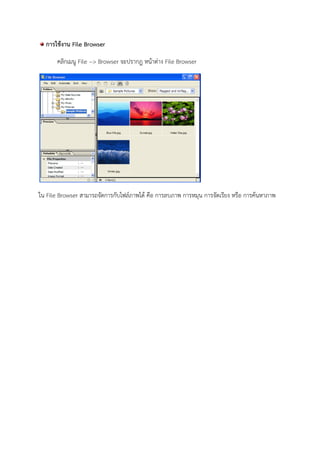 การใช้งาน File Browser
คลิกเมนู File --> Browser จะปรากฎ หน้าต่าง File Browser
ใน File Browser สามารถจัดการกับไฟล์ภาพได้ คือ การลบภาพ การหมุน การจัดเรียง หรือ การค้นหาภาพ
 