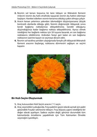Adobe Photoshop CS3 – Bölüm 4: Seçimlerle Çalışmak
2. Resmin sol kenarı boyunca bir kere tıklayın ve Mıknatıslı Kement
imlecini resmin dış hattı etrafında taşıyarak resmin dış hattını izlemeye
başlayın. Hareket ederken resmin kenarına oldukça yakın olmaya çalışın
3. Aracın kenarı yeterince yakından izlemediğini düşünüyorsanız (düşük
kontrastlı alanlarda olduğu gibi), farenin düğmesiyle tıklayarak sınıra
kendi bağlama noktalarınızı ekleyebilirsiniz. Gerekli olduğunu
düşündüğünüz kadar bağlama noktası ekleyebilirsiniz. Ayrıca silmek
istediğiniz her bağlantı noktası için Sil tuşuna basarak, en son bağlama
noktalarını silebilirsiniz. Ardından fareyi geri kalan en son bağlama
noktasının üzerine taşıyın ve seçmeye devam edin.
4. Resmin sol tarafına yeniden ulaştığınızda fareyle çift tıklayarak Mıknatıslı
Kement aracının başlangıç noktasına dönmesini sağlayın ve seçimi
kapatın
Bir Hızlı Seçim Oluşturmak
1. Araç kutusundan Hızlı Seçim aracını ( ) seçin.
2. Araç seçenekleri çubuğunda, Fırça paletini geçici olarak açmak için palet
gözündeki Fırçalar sekmesine tıklayın. Fırça boyutu çapını istediğiniz bir
değer olarak ayarlayın. Sadece seçilen değil, görünür durumdaki tüm
katmanlarda örnekleme yapabilmek için Tüm Katmanları Örnekle
seçeneğini işaretleyin.
71
 