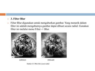    3. Filter Blur
   Filter Blur digunakan untuk mengaburkan gambar. Yang menarik dalam
    filter ini adalah mengaburnya gambar dapat dibuat secara radial. Gunakan
    filter ini melalui menu Filter -> Blur.
 