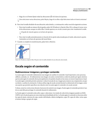 USO DE PHOTOSHOP CS5 183
                                                                                                     Retoque y transformación



   • Haga clic en el botón Quitar todas las ubicaciones               de la barra de opciones.
       Para seleccionar varias ubicaciones, pulse Mayús y haga clic en ellas o elija Seleccionar todo en el menú contextual.


6 Para rotar la malla alrededor de una ubicación, selecciónela y, a continuación, realice una de las siguientes acciones:
   • Para rotar la malla un número fijo de grados, pulse Alt (Windows) u Opción (Mac OS) y coloque el cursor cerca
     de las ubicaciones, aunque no sobre ellas. Cuando aparezca un círculo, arrastre para rotar visualmente la malla.
           El grado de rotación aparece en la barra de opciones.


   • Para rotar la malla automáticamente en función de la opción seleccionada para el modo, seleccione la opción
     Automático en la barra de opciones del menú Rotar.
7 Cuando se complete la transformación, pulse Intro o Retorno.




Pulse Alt (Windows) u Opción (Mac OS) para rotar la malla alrededor de una ubicación seleccionada.




Escala según el contenido
Redimensionar imágenes y proteger contenido
La escala según el contenido redimensiona una imagen sin cambiar el contenido visual importante como personas,
edificios, animales, etc. Al redimensionar una imagen, la escala a normal afecta a todos los píxeles por igual, mientras
que la escala según el contenido afecta principalmente a los píxeles situados en las zonas con menor importancia visual.
La escala según contenido permite aumentar o reducir la escala de una imagen para mejorar una composición, encajar
un diseño o cambiar la orientación. Si desea utilizar algo de escala normal durante la redimensión de la imagen, existe
una opción que permite especificar una relación entre la escala según el contenido y la escala normal.
Si desea conservar ciertas áreas durante el proceso de escala de una imagen, Escala según el contenido permite el uso
de un canal alfa para proteger el contenido durante la redimensión.
La Escala según el contenido actúa sobre capas y selecciones. Los modos de color de las imágenes pueden ser RGB,
CMYK, Lab y Escala de grises así como todas las profundidades de bits. La Escala según el contenido no funciona sobre
las capas de ajuste, máscaras de capa, canales individuales, objetos inteligentes, capas 3D, capas de vídeo, varias capas
al mismo tiempo o grupos de capas.
 