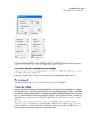 USO DE PHOTOSHOP CS5 55
                                                                                                     Apertura e importación de imágenes




                               A




              B                                C

Las dimensiones en píxeles equivalen a la resolución multiplicada por el tamaño (de salida) del documento.
A. Dimensiones y resolución originales B. Disminuir la resolución sin modificar las dimensiones en píxeles (sin remuestreos) C. Disminuir la
resolución con el mismo tamaño de documento disminuye las dimensiones de los píxeles (remuestreo).


Visualización inmediata del tamaño actual de la imagen
Si desea ver al instante el tamaño actual de la imagen de un documento, sírvase del cuadro de información situado en
la parte inferior de la ventana del documento.
❖ Coloque el puntero sobre el cuadro de información del archivo y mantenga pulsado el botón del ratón.


Más temas de ayuda
“Visualización de la información de archivo en la ventana de documento” en la página 32


Tamaño de archivo
El tamaño de archivo de una imagen es el tamaño digital del archivo de imagen calculado en kilobytes (K), megabytes
(MB) o gigabytes (GB). El tamaño de archivo es proporcional a las dimensiones en píxeles de la imagen. Las imágenes
con más píxeles muestran mejor los detalles a un tamaño de impresión determinado, pero necesitan mayor espacio en
disco para su almacenamiento y requieren más tiempo para su edición e impresión. En consecuencia, la resolución de
imagen llega a ser un compromiso entre la calidad de la imagen (capturando todos los datos necesarios) y el tamaño
de archivo.
Otro factor que afecta al tamaño de archivo es el formato del mismo. En función de los distintos métodos de
compresión que se usan en los formatos de archivo GIF, JPEG y PNG, los tamaños de los archivos pueden ser muy
distintos aun teniendo las mismas dimensiones en píxeles. De igual manera, la profundidad de los bits de color y la
cantidad de capas y canales de una imagen afectan al tamaño de archivo.
 
