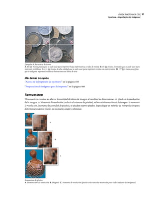 USO DE PHOTOSHOP CS5 57
                                                                                                      Apertura e importación de imágenes




                           A                            B




                           C                            D

Ejemplos de frecuencia de trama
A. 65 lpp: trama gruesa que se suele usar para imprimir hojas informativas y vales de tienda B. 85 lpp: trama promedio que se suele usar para
imprimir periódicos C. 133 lpp: trama de alta calidad que se suele usar para imprimir revistas en cuatricromía D. 177 lpp: trama muy fina
que se usa para informes anuales e ilustraciones en libros de arte


Más temas de ayuda
“Acerca de la impresión de escritorio” en la página 458
“Preparación de imágenes para la imprenta” en la página 466


Remuestreo
El remuestreo consiste en alterar la cantidad de datos de imagen al cambiar las dimensiones en píxeles o la resolución
de la imagen. Al disminuir la resolución (reducir el número de píxeles), se borra información de la imagen. Si aumenta
la resolución, (aumenta la cantidad de píxeles), se añaden nuevos píxeles. Especifique un método de interpolación para
determinar cuántos píxeles es necesario añadir o eliminar.




                               A




                                     B




                                           C




Remuestreo de píxeles
A. Disminución de resolución B. Original C. Aumento de resolución (píxeles seleccionados mostrados para cada conjunto de imágenes)
 