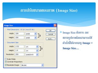 ∗ Image Size คือการ ลด/
ขยายรูปภาพโดยสามารถใช้
คําสั่งนี้ได้จากเมนู Image >
Image Size…
การปรับขนาดของภาพ (Image Size)
 
