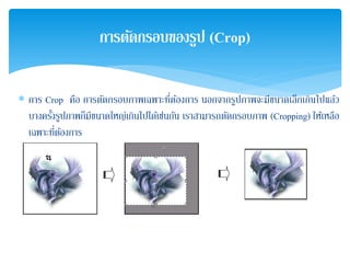∗ การ Crop คือ การตัดกรอบภาพเฉพาะที่ต้องการ นอกจากรูปภาพจะมีขนาดเล็กเกินไปแล้ว
บางครั้งรูปภาพก็มีขนาดใหญ่เกินไปได้เช่นกัน เราสามารถตัดกรอบภาพ (Cropping) ให้เหลือ
เฉพาะที่ต้องการ
การตัดกรอบของรูป (Crop)
 