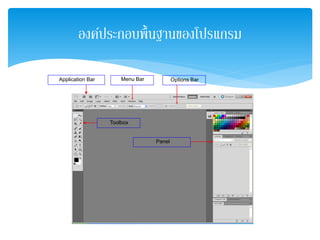 องค์ประกอบพื้นฐานของโปรแกรม
Menu Bar Options Bar
Toolbox
Panel
Application Bar
 