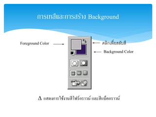การเทสีและการสร้าง Background
Foreground Color คลิกเพื่อสลับสี
Background Color
∆ แสดงการใช้งานสีโฟร์กราวน์ และสีแบ็คกราวน์
 