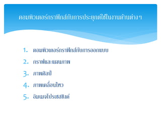 1. คอมพิวเตอร์กราฟิกส์กับการออกแบบ
2. กราฟและแผนภาพ
3. ภาพศิลป์
4. ภาพเคลื่อนไหว
5. อิมเมจโปรเซสซิงค์
คอมพิวเตอร์กราฟิกส์กับการประยุกต์ใช้ในงานด้านต่างๆ
 