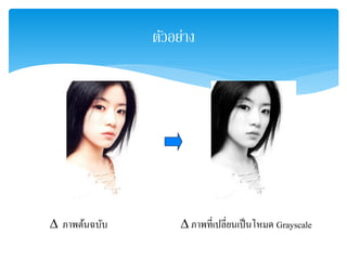 ตัวอย่าง
∆ ภาพต้นฉบับ ∆ ภาพที่เปลี่ยนเป็นโหมด Grayscale
 