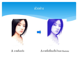 ตัวอย่าง
∆ ภาพต้นฉบับ ∆ ภาพที่เปลี่ยนเป็นโหมด Duotone
 