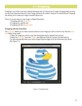 15 
Cropping is one of the most basic editing techniques that can improve your images. Cropping helps to bring 
out the most important features in your image and focus the viewers’ attention on these features. Cropping 
also allows you to make your image a standard photo size. 
There are several ways to crop images in Adobe Photoshop: 
1. Cropping with the Crop Tool 
2. Cropping to a specific size 
3. Cropping with the Marquee Tool 
Cropping with the Crop Tool 
The Crop Tool allows you to make a precise selection of an image you wish to edit. To crop with the Crop 
Tool, follow these steps: 
1. Open the image you wish to crop (see Getting Started for detailed instructions). 
2. Select the Crop Tool from the Toolbox (see Selection Tools for location and description). 
3. It will automatically select your entire image. Drag the edges to fit the dimensions you desire. 
(See Figure 11). 
Figure 11. Cropping border 
11. Cropping 
 
