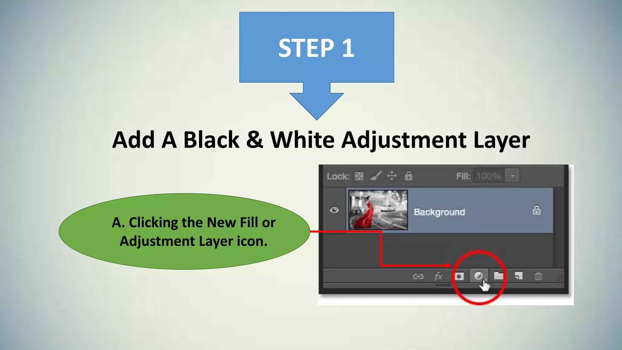STEP 1
Add A Black & White Adjustment Layer
A. Clicking the New Fill or
Adjustment Layer icon.