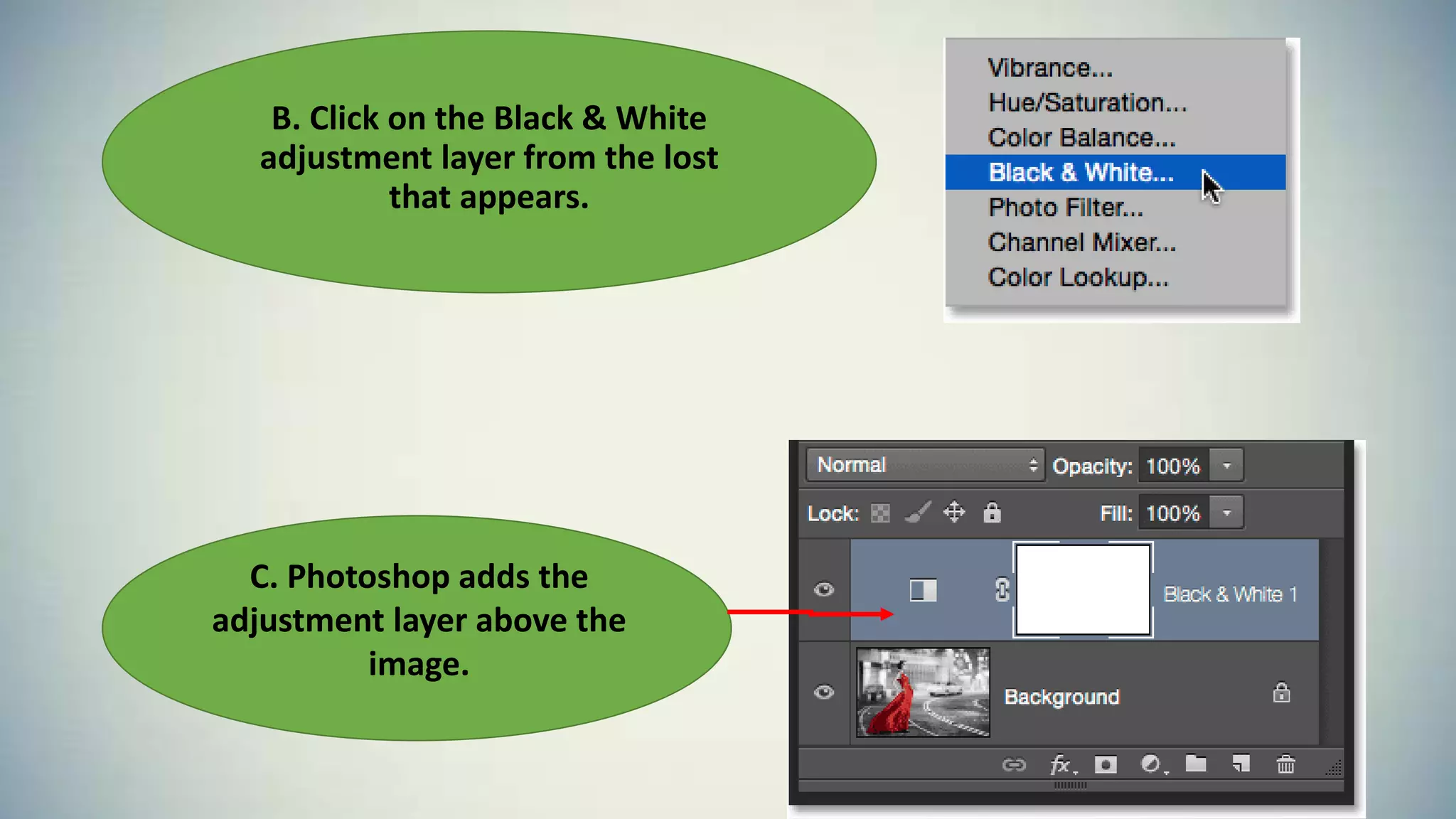B. Click on the Black & White
adjustment layer from the lost
that appears.
C. Photoshop adds the
adjustment layer above the
image.