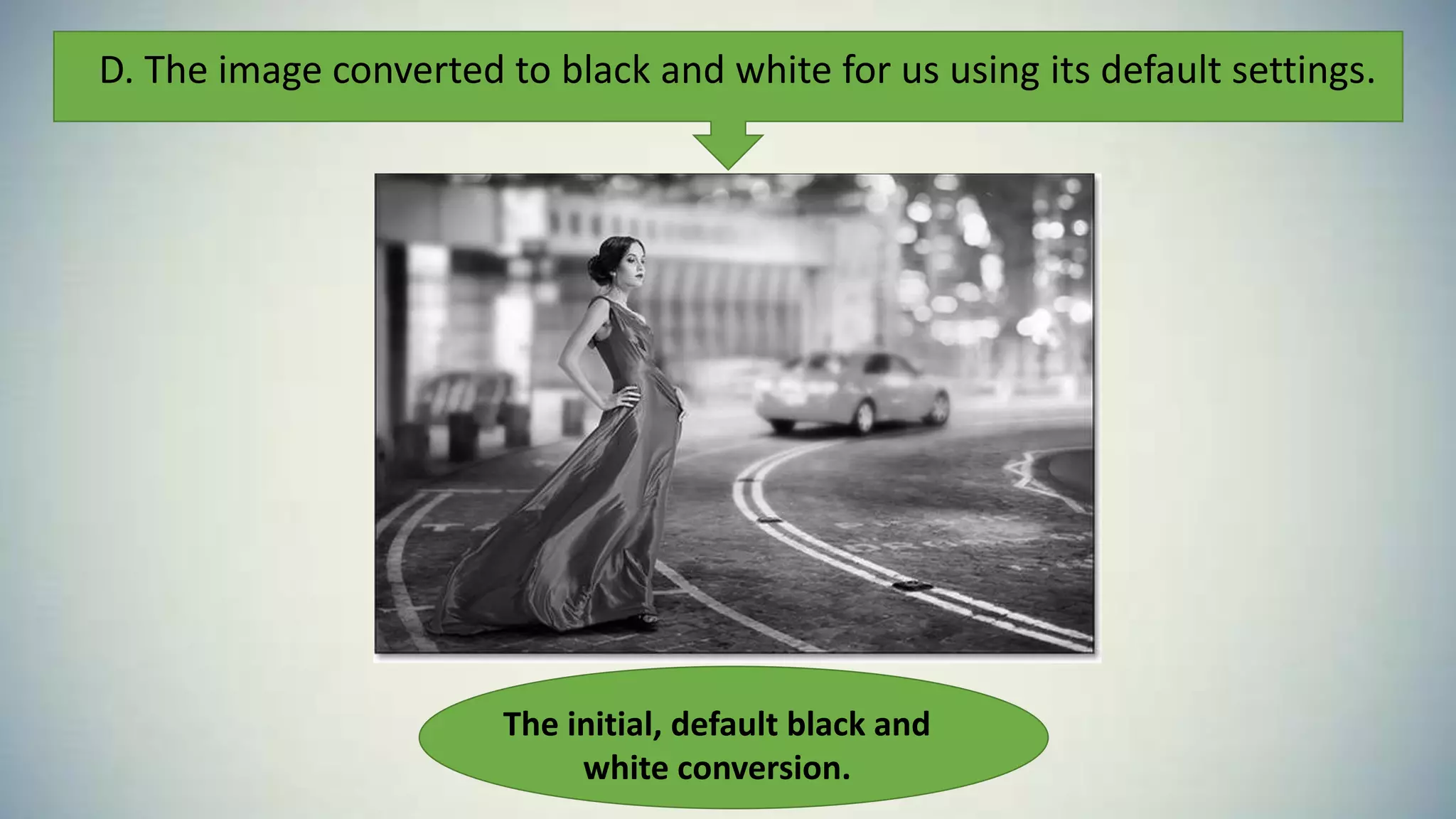 D. The image converted to black and white for us using its default settings.
The initial, default black and
white conversion.