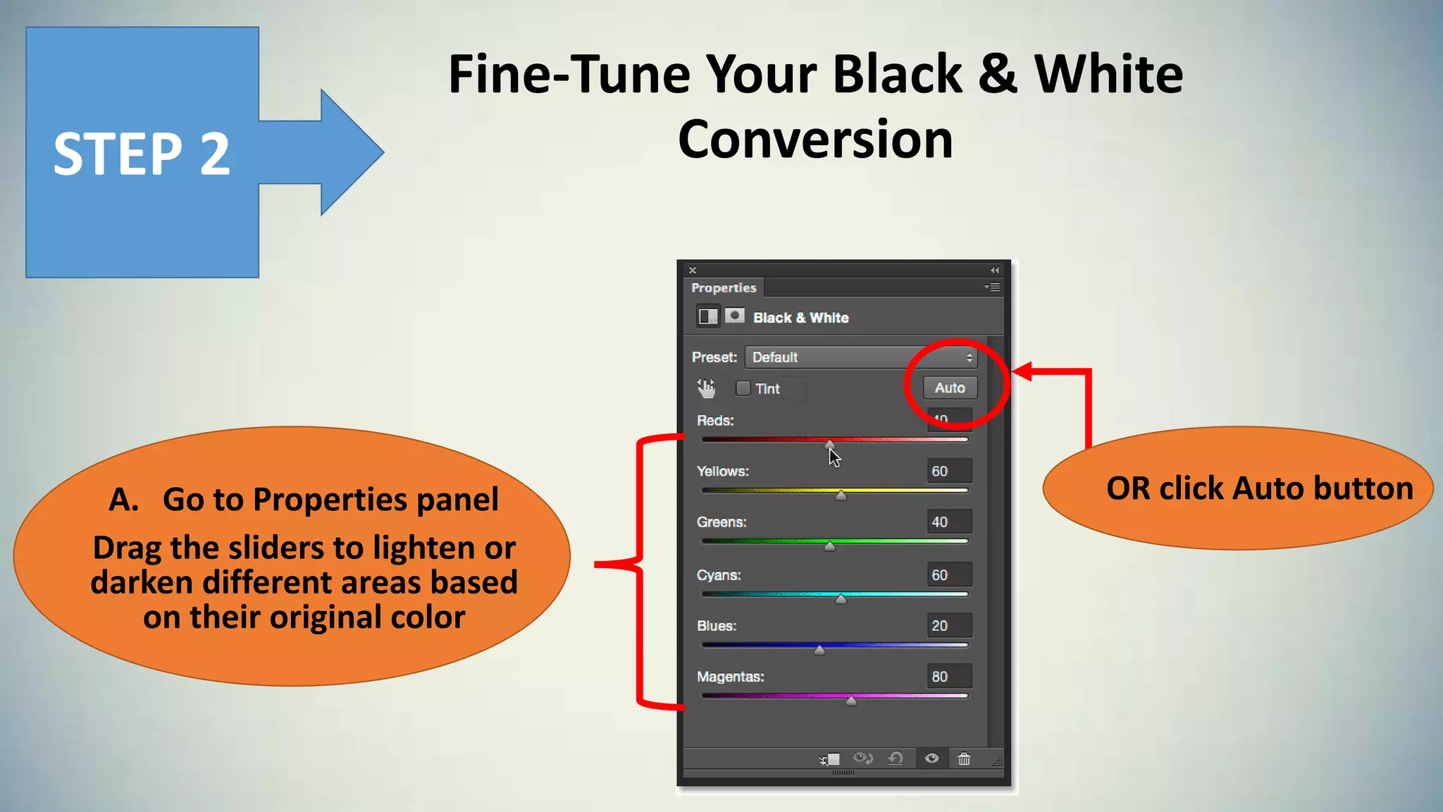 Fine-Tune Your Black & White
Conversion
A. Go to Properties panel
Drag the sliders to lighten or
darken different areas based
on their original color
STEP 2
OR click Auto button
