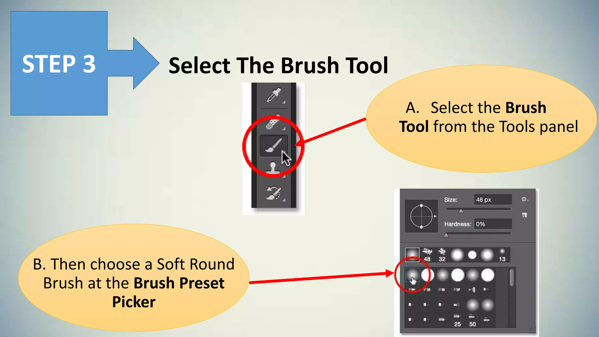 Select The Brush ToolSTEP 3
A. Select the Brush
Tool from the Tools panel
B. Then choose a Soft Round
Brush at the Brush Preset
Picker