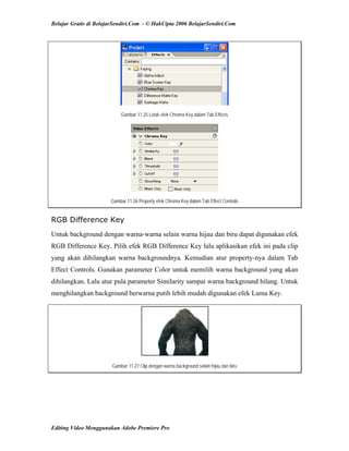 Belajar Gratis di BelajarSendiri.Com - © HakCipta 2006 BelajarSendiri.Com
Gambar 11.25 Letak efek Chroma Key dalam Tab Effects
Gambar 11.26 Property efek Chroma Key dalam Tab Effect Controls
RGB Difference Key
Untuk background dengan warna-warna selain warna hijau dan biru dapat digunakan efek
RGB Difference Key. Pilih efek RGB Difference Key lalu aplikasikan efek ini pada clip
yang akan dihilangkan warna backgroundnya. Kemudian atur property-nya dalam Tab
Effect Controls. Gunakan parameter Color untuk memilih warna background yang akan
dihilangkan. Lalu atur pula parameter Similarity sampai warna background hilang. Untuk
menghilangkan background berwarna putih lebih mudah digunakan efek Luma Key.
Gambar 11.27 Clip dengan warna background selain hijau dan biru
Editing Video Menggunakan Adobe Premiere Pro
 