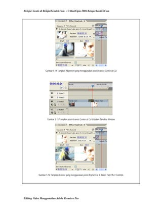 Belajar Gratis di BelajarSendiri.Com - © HakCipta 2006 BelajarSendiri.Com
Gambar 5.14 Tampilan Alignment yang menggunakan posisi transisi Center at Cut
Gambar 5.15 Tampilan posisi transisi Center at Cut di dalam Timeline Window
Gambar 5.16 Tampilan transisi yang menggunakan posisi End at Cut di dalam Tab Effect Controls
Editing Video Menggunakan Adobe Premiere Pro
 