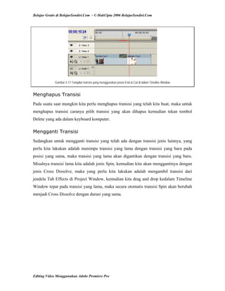 Belajar Gratis di BelajarSendiri.Com - © HakCipta 2006 BelajarSendiri.Com
Gambar 5.17 Tampilan transisi yang menggunakan posisi End at Cut di dalam Timeline Window
Menghapus Transisi
Pada suatu saat mungkin kita perlu menghapus transisi yang telah kita buat, maka untuk
menghapus transisi caranya pilih transisi yang akan dihapus kemudian tekan tombol
Delete yang ada dalam keyboard komputer.
Mengganti Transisi
Sedangkan untuk mengganti transisi yang telah ada dengan transisi jenis lainnya, yang
perlu kita lakukan adalah menimpa transisi yang lama dengan transisi yang baru pada
posisi yang sama, maka transisi yang lama akan digantikan dengan transisi yang baru.
Misalnya transisi lama kita adalah jenis Spin, kemudian kita akan menggantinya dengan
jenis Cross Dissolve, maka yang perlu kita lakukan adalah mengambil transisi dari
jendela Tab Effects di Project Window, kemudian kita drag and drop kedalam Timeline
Window tepat pada transisi yang lama, maka secara otomatis transisi Spin akan berubah
menjadi Cross Dissolve dengan durasi yang sama.
Editing Video Menggunakan Adobe Premiere Pro
 