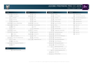 rev.1 as of 04/11/16 | ©2016 Matteo Curcio | Adobe and Adobe Premiere logo are registered trademarks of Adobe Systems Incorporated |
WINDOWS CHEAT SHEET
ADOBE PREMIERE PRO CC 2015
MAC CHEAT SHEET
ADOBE PREMIERE PRO CC 2015
ctrl
ctrl
Selection Tool
Track Select Forward Tool
Track Select Backward Tool
Ripple Edit Tool
Slip Tool
Slide Tool
Pen Tool
Hand Tool
Zoom Tool
Rolling Edit Tool
Rate Stretch Tool
Razor Tool
Reset Current Workspace...
Maximize Active Frame
Maximize Frame under Cursor
Show/Hide Application Title
Project
Source Monitor
Timelines
Program Monitor
Effect Controls
Audio Track Mixer
Effects
Media Browser
Audio Clip Mixer
Assembly Workspace
Audio Workspace
Color Correction Workspace
Editing Workspace
Editing (CS5.5) Workspace
Effects Workspace
Metalogging Workspace
Next Panel
Previous Panel
Toggle Multi-Camera View
Redo
Cut
Paste Attributes
Clear
Ripple Delete
Duplicate
Select All
Deselect All
Find...
Edit Original
Copy
Paste
Paste Insert
Keyboard Shortcuts ...Import
New Project... Undo
New Title...
Open Project...
Browse in Adobe Bridge...
Close Project
Close
Save
Save As...
Save a Copy...
Capture...
Batch Capture...
Import from Media Browser
New Sequence...
New Bin
Export Media...
Get Properties for Selection...
Exit
Adobe Premiere Help...
FILE
HELP
EDIT WINDOW TOOLS
Do you find this useful ? Click here to make a donation on PayPal.MATTEOCURCIO.COM
 