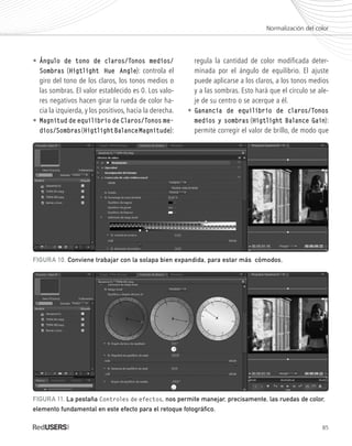 85
•	Ángulo de tono de claros/Tonos medios/
	Sombras (Higtlight Hue Angle): controla el
	 giro del tono de los claros, los tonos medios o
	 las sombras. El valor establecido es 0. Los valo-
	 res negativos hacen girar la rueda de color ha-
	 cia la izquierda, y los positivos, hacia la derecha.
•	Magnitud de equilibrio de Claros/Tonos me-
	dios/Sombras(HigtlightBalanceMagnitude):
	 regula la cantidad de color modificada deter-
	 minada por el ángulo de equilibrio. El ajuste
	 puede aplicarse a los claros, a los tonos medios
	 y a las sombras. Esto hará que el círculo se ale-
	 je de su centro o se acerque a él.
•	Ganancia de equilibrio de claros/Tonos
	 medios y sombras (Higtlight Balance Gain):
	 permite corregir el valor de brillo, de modo que
Normalización del color
FIGURA 10. Conviene trabajar con la solapa bien expandida, para estar más cómodos.
FIGURA 11. La pestaña Controles de efectos, nos permite manejar, precisamente, las ruedas de color,
elemento fundamental en este efecto para el retoque fotográfico.
Premiere_Cap4_075_096_c.indd 85 24/04/2012 21:23
 