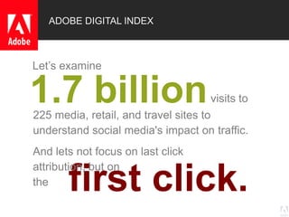 © 2013 Adobe Systems Incorporated. All Rights Reserved. Adobe Confidential.
1.7 billion
Let’s examine
visits to
225 media, retail, and travel sites to
understand social media's impact on traffic.
first click.
And lets not focus on last click
attribution, but on
the
ADOBE DIGITAL INDEX
 