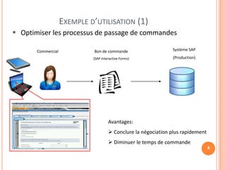 EXEMPLE D’UTILISATION (1)
 Optimiser les processus de passage de commandes

       Commercial            Bon de commande                    Système SAP
                             (SAP Interactive Forms)             (Production)




                                      Avantages:
                                       Conclure la négociation plus rapidement
                                       Diminuer le temps de commande
                                                                                  8
 