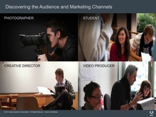 © 2013 Adobe Systems Incorporated. All Rights Reserved. Adobe Confidential.
Discovering the Audience and Marketing Channels
PHOTOGRAPHER STUDENT
CREATIVE DIRECTOR VIDEO PRODUCER
 