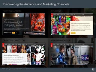 © 2013 Adobe Systems Incorporated. All Rights Reserved. Adobe Confidential.
Discovering the Audience and Marketing Channels
PHOTOGRAPHER
CREATIVE DIRECTOR
STUDENT
VIDEO PRODUCER
 