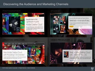 © 2013 Adobe Systems Incorporated. All Rights Reserved. Adobe Confidential.
Discovering the Audience and Marketing Channels
PHOTOGRAPHER
CREATIVE DIRECTOR
STUDENT
VIDEO PRODUCER
 