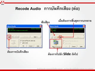 Recode Audio การบันทึกเสียง (ต่อ)

                      ฟั งเสียง      เมื่อต้ องการสินสุดการบรรยาย
                                                    ้




ต้ องการบันทึกเสียง
                             ต้ องการไปยัง ݺߣ ถัดไป
 