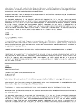 Redistributions of source code must retain the above copyright notice, this list of conditions and the following disclaimer. 
Redistributions in binary form must reproduce the above copyright notice, this list of conditions and the following disclaimer in the 
documentation and/or other materials provided with the distribution. 
Neither the name of the author nor the names of its contributors may be used to endorse or promote products derived from this 
software without specific prior written permission. 
THIS SOFTWARE IS PROVIDED BY THE COPYRIGHT HOLDERS AND CONTRIBUTORS "AS IS" AND ANY EXPRESS OR IMPLIED 
WARRANTIES, INCLUDING, BUT NOT LIMITED TO, THE IMPLIED WARRANTIES OF MERCHANTABILITY AND FITNESS FOR A PARTICULAR 
PURPOSE ARE DISCLAIMED. IN NO EVENT SHALL THE COPYRIGHT OWNER OR CONTRIBUTORS BE LIABLE FOR ANY DIRECT, INDIRECT, 
INCIDENTAL, SPECIAL, EXEMPLARY, OR CONSEQUENTIAL DAMAGES (INCLUDING, BUT NOT LIMITED TO, PROCUREMENT OF 
SUBSTITUTE GOODS OR SERVICES; LOSS OF USE, DATA, OR PROFITS; OR BUSINESS INTERRUPTION) HOWEVER CAUSED AND ON ANY 
THEORY OF LIABILITY, WHETHER IN CONTRACT, STRICT LIABILITY, OR TORT (INCLUDING NEGLIGENCE OR OTHERWISE) ARISING IN 
ANY WAY OUT OF THE USE OF THIS SOFTWARE, EVEN IF ADVISED OF THE POSSIBILITY OF SUCH DAMAGE. 
A‐1295 
Base64 ‐ 1.1.0 
Copyright (c) 2006 Steve Webster 
Permission is hereby granted, free of charge, to any person obtaining a copy of this software and associated documentation files 
(the "Software"), to deal in the Software without restriction, including without limitation the rights to use, copy, modify, merge, 
publish, distribute, sublicense, and/or sell copies of the Software, and to permit persons to whom the Software is furnished to do 
so, subject to the following conditions: 
The above copyright notice and this permission notice shall be included in all copies or substantial portions of the Software. 
THE SOFTWARE IS PROVIDED "AS IS", WITHOUT WARRANTY OF ANY KIND, EXPRESS OR IMPLIED, INCLUDING BUT NOT LIMITED TO 
THE WARRANTIES OF MERCHANTABILITY, FITNESS FOR A PARTICULAR PURPOSE AND NONINFRINGEMENT. IN NO EVENT SHALL THE 
AUTHORS OR COPYRIGHT HOLDERS BE LIABLE FOR ANY CLAIM, DAMAGES OR OTHER LIABILITY, WHETHER IN AN ACTION OF 
CONTRACT, TORT OR OTHERWISE, ARISING FROM, OUT OF OR IN CONNECTION WITH THE SOFTWARE OR THE USE OR OTHER 
DEALINGS IN THE SOFTWARE. 
A‐1301 
Steve Souza 
JAMon License Agreement 
Copyright © 2002, Steve Souza (admin@jamonapi.com) 
All rights reserved. 
Modifications: No 
Redistribution in binary form, with or without modifications, are permitted provided that the following conditions are met: 
Redistributions in binary form must reproduce the above copyright notice, this list of conditions and the following disclaimer in the 
documentation and/or other materials provided with the distribution. 
If modifications are made to source code then this license should indicate that fact in the "Modifications" section above. 
Neither the author, nor the contributors may be used to endorse or promote products derived from this software without specific 
prior written permission. 
THIS SOFTWARE IS PROVIDED BY THE AUTHOR AND CONTRIBUTORS "AS IS" AND ANY EXPRESS OR IMPLIED WARRANTIES, 
INCLUDING, BUT NOT LIMITED TO, THE IMPLIED WARRANTIES OF MERCHANTABILITY AND FITNESS FOR A PARTICULAR PURPOSE 
ARE DISCLAIMED. IN NO EVENT SHALL THE COPYRIGHT OWNER OR CONTRIBUTORS BE LIABLE FOR ANY DIRECT, INDIRECT, 
INCIDENTAL, SPECIAL, EXEMPLARY, OR CONSEQUENTIAL DAMAGES (INCLUDING, BUT NOT LIMITED TO, PROCUREMENT OF 
SUBSTITUTE GOODS OR SERVICES; LOSS OF USE, DATA, OR PROFITS; OR BUSINESS INTERRUPTION) HOWEVER CAUSED AND ON ANY 
 